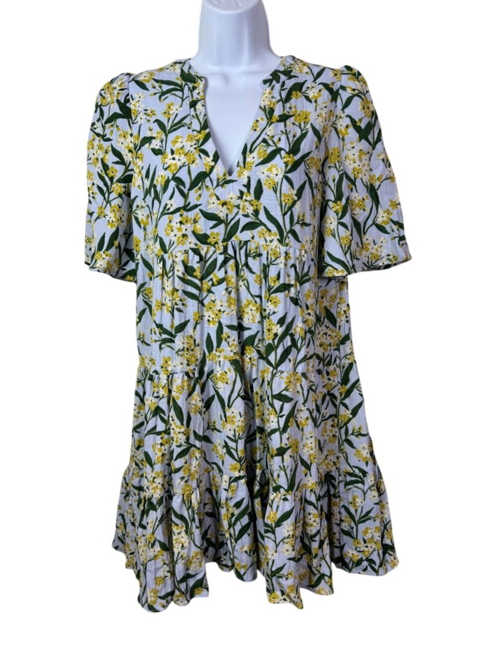 Tuckernuck Pomander Place Tiered Mini Dress size Small Yellow Green Garden Kenzo